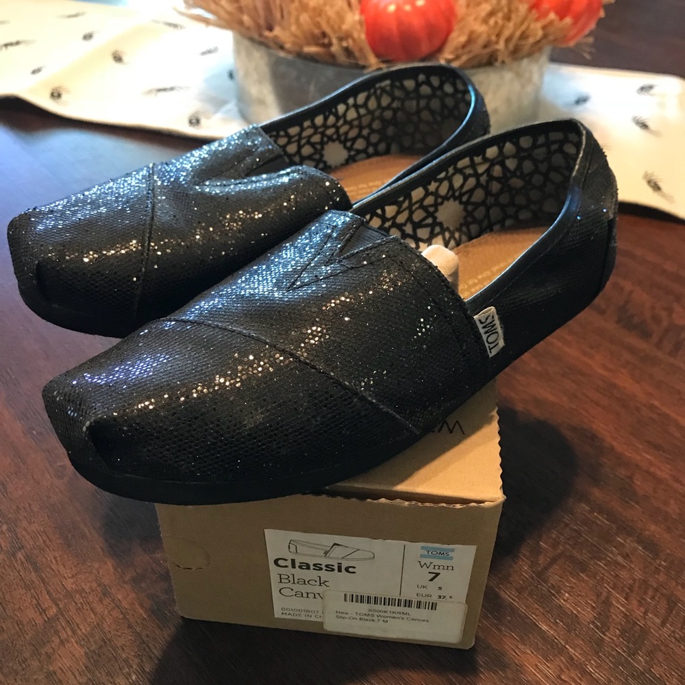 TOMS Black glitter classic slip on size 7